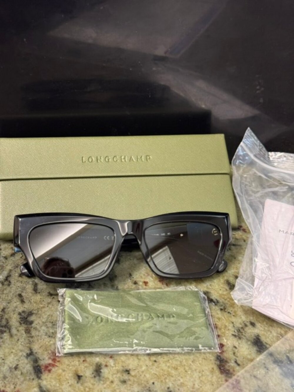 Longchamp LO763S 53-18-140 Black Rectangular Sunglasses Blue Logo NWT-Free Ship!